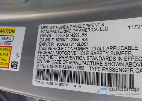 2022 Honda Accord Ex-L из США, поврежденный, VIN 1HGCV1F52NA009356